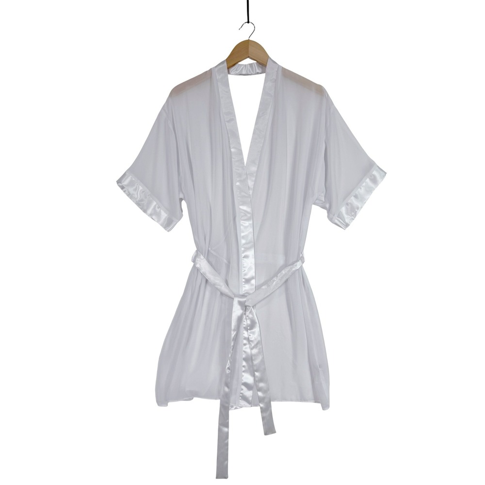 Fiorentina Moda Intima Robe Womens M White Sheer Satin Trim Tie Waist 905632